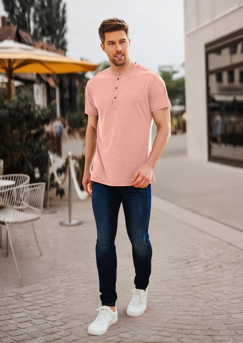 PEGENO Men's Fashion Casual Front Placket Short/Long Sleeve Henley T-Shirts Cotton Shirts (US Medium, A10 Pink) - Image 5